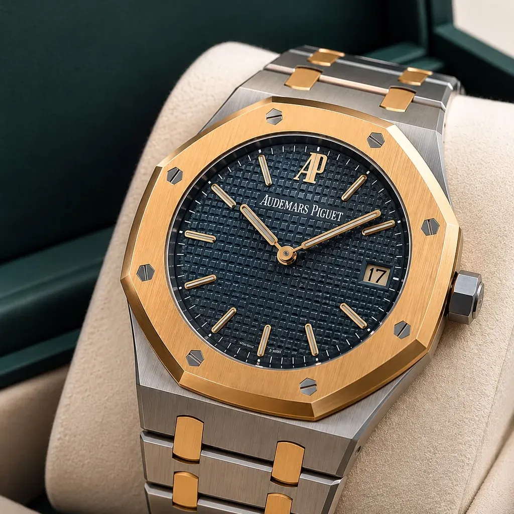 Audemars Piguet Royal Oak in Stahl und Gelbgold mit blauem Tapisserie-Zifferblatt – Luxusuhren-Ankauf