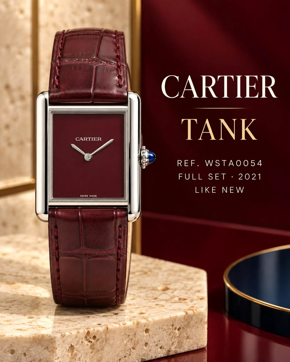 Cartier Tank, Ref. WSTA0054, Full Set, 2021, bordeaux Zifferblatt